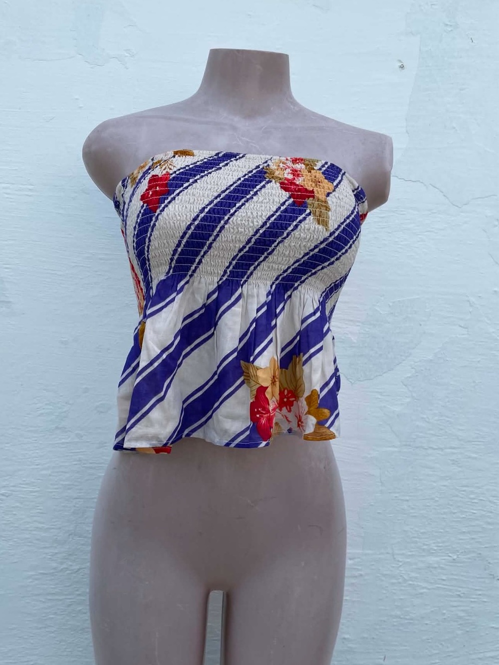 Free People Blue & White Striped Floral Tube Top